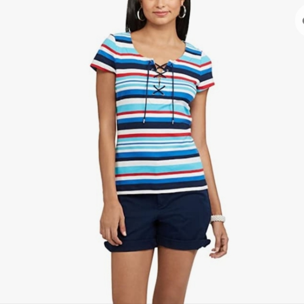 CHAPS Women's Stripped Lace Up Tee
